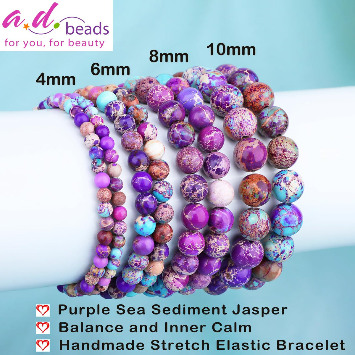 AD Beads 4mm Handmade Purple Sea Sediment Imperial Jasper Elastic Bracelet – Natural Gemstone for Joy & Positivity – Meditation, Yoga, Healing and Energy Gift for Men Women
