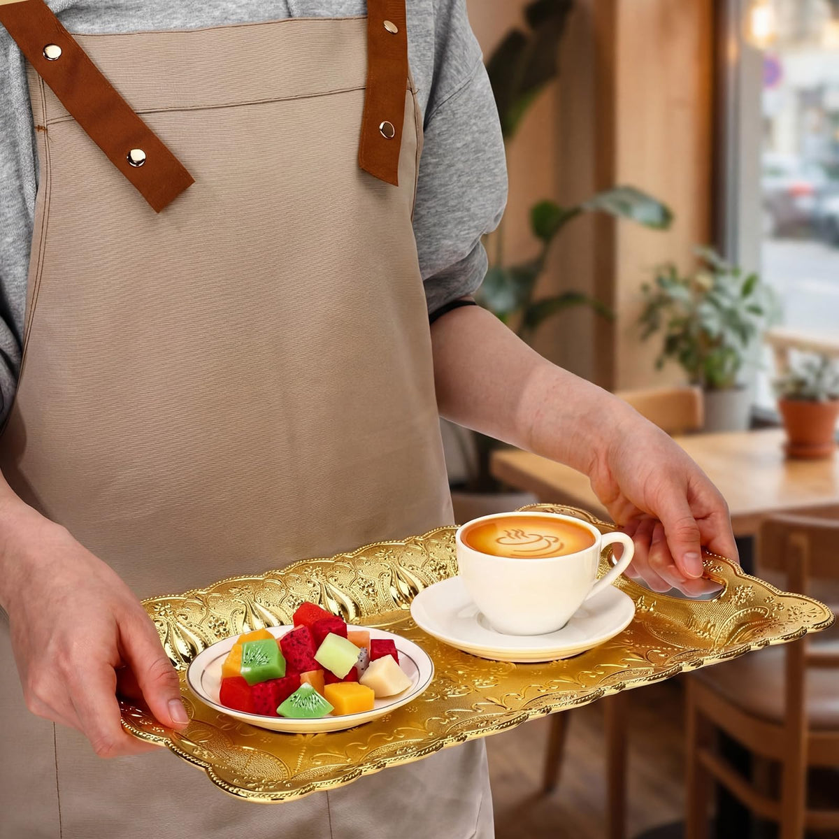 LemonRoad 6 Packs Plastic Gold Serving Trays with Handles 17 x 11 inch Retro 3D Embossed Rectangle Reusable Party Snack Decorative Serving Trays for Tea Coffee Fruit Dessert