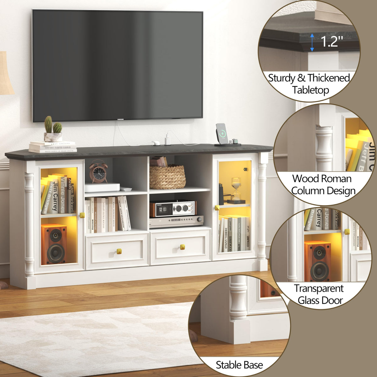 Corner TV Stand for 55 60 65 Inch TVs, Farmhouse Entertainment Center with 2 Storage Drawers and 2 Display Cabinet & Power Outlet and LED Lights, Wood TV Console Table for Living Room, Bedroom, White