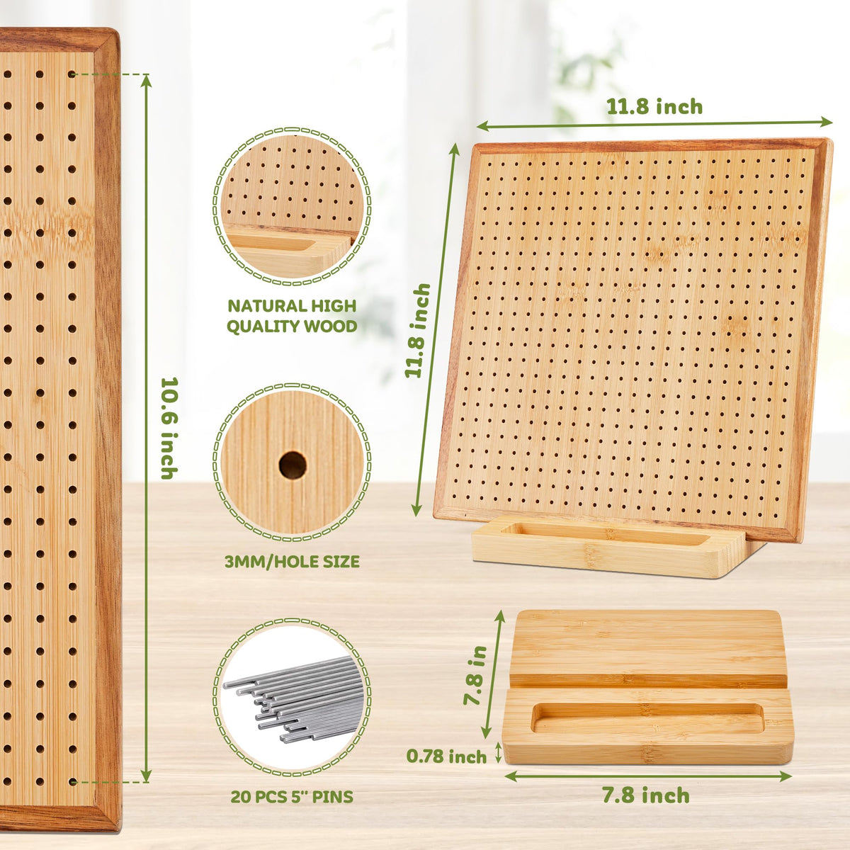 11.8" Crochet Blocking Board with 20 Pegs Pins, Granny Square Blocking Board for Crochet Projects, Bamboo Blocking Boards for Crocheting and Knitting, Wooden Gifts for Crocheter