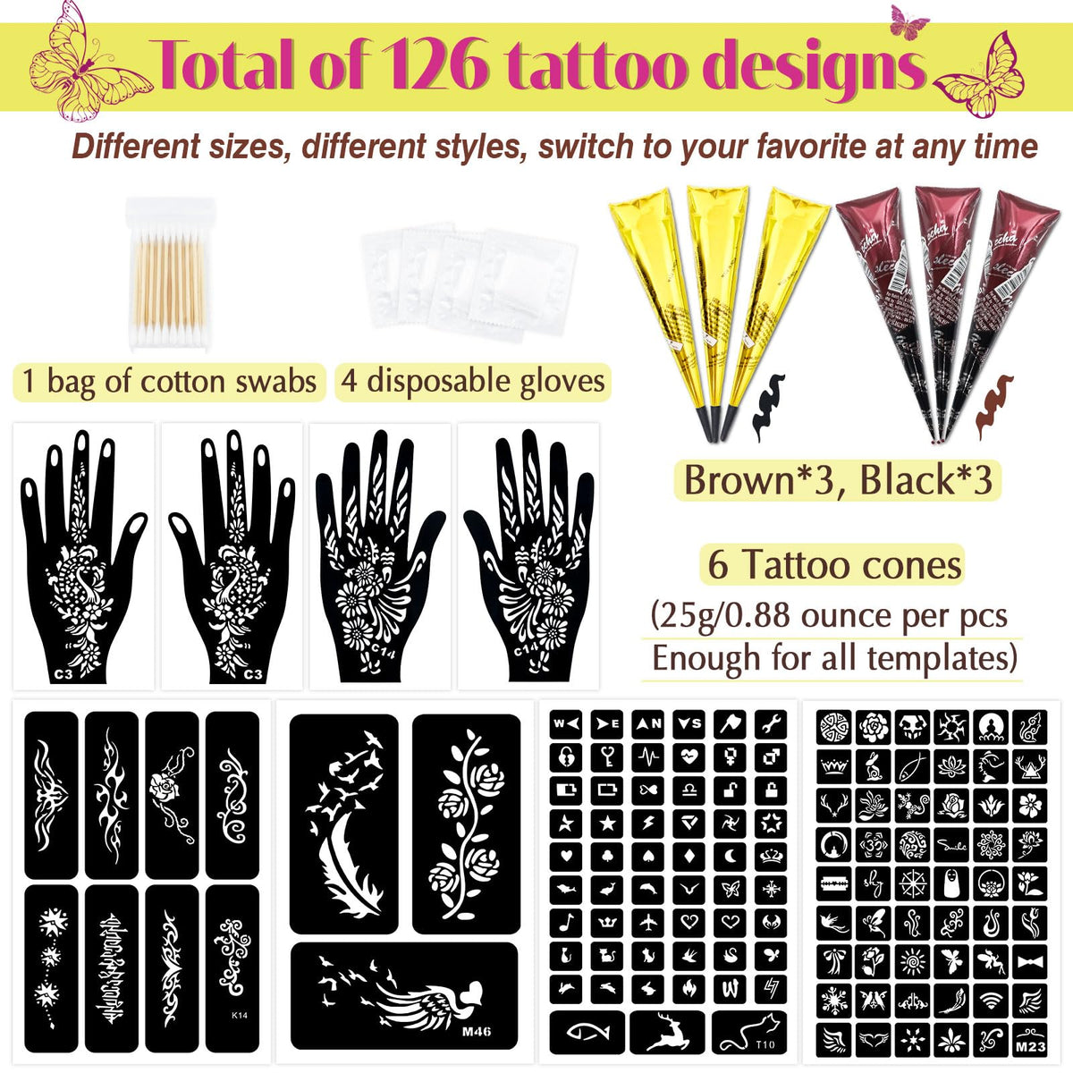 MuseLuxe 126 PCS Temporary Tattoos Stencils Kit,Temporary Tattoos Kit - 6 Pcs 2 Color(Brown Black) Ink with Gloves,DIY Body Art Painting for Women Men Adults Kids