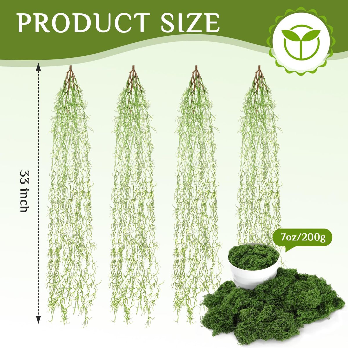 Acellegic 4 Pcs 33 Inch Fake Spanish Moss with 7 oz Artificial Green Moss for Potted Plants Indoor Hanging Garland Greenery Faux Vines Plants Faux Seaweed Greenery for Crafts DIY Garden Home Decor