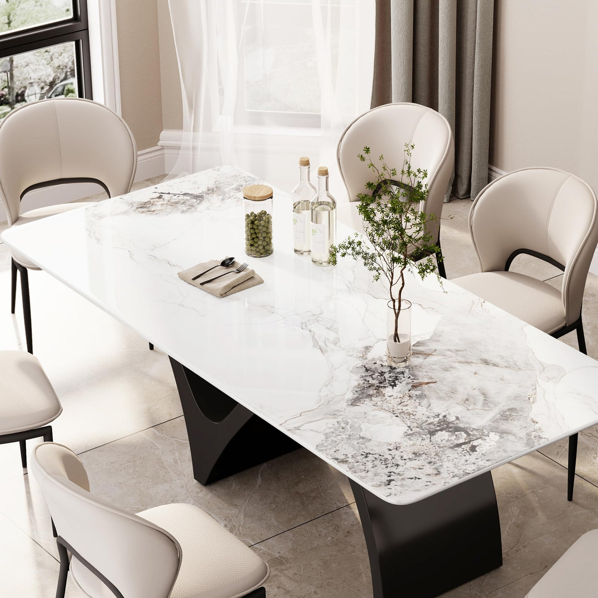 Modern Dining Table for 8-10, Sintered Stone Dining Tabletop with Unique N-Shaped Metal Base, 87" Rectangle Dining Table Large Dining Room Table Kitchen (Table Only)