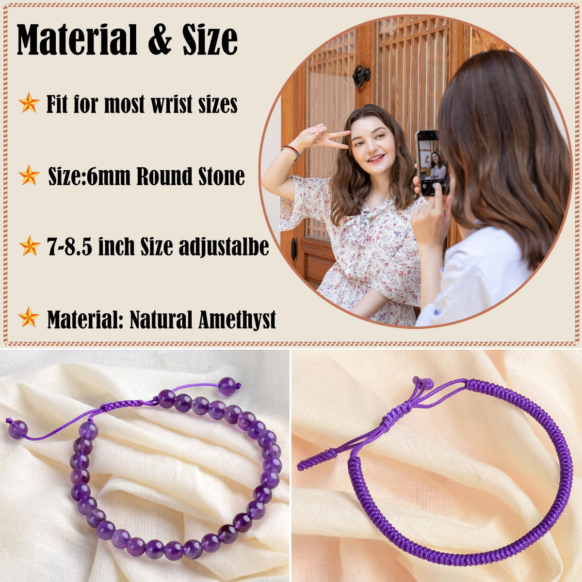 LPBeads 6mm Purple Amethyst Bracelet with Handmade Rope Bracelet Size Adjustable Natural Stone Crystal Healing Bracelets Gifts for Unisex Adults