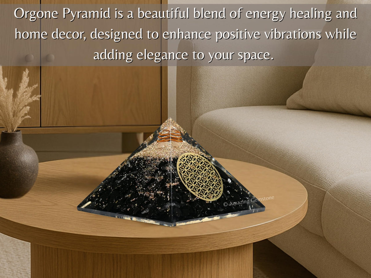 Amazing Gemstone Large Black Tourmaline Orgone Pyramid Crystal, Flower of Life Orgonite Pyramid - Positive Energy Healing
