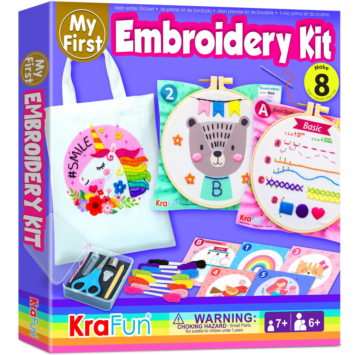 KRAFUN My First Embroidery Kit for Kids & Teens Age 8+, Beginner Hand Stitch Starter Set, 7 Pre-Printed Practice Cloths, DIY Tote Bag, Hoop & Tool Box, Arts & Crafts Gift for Girls
