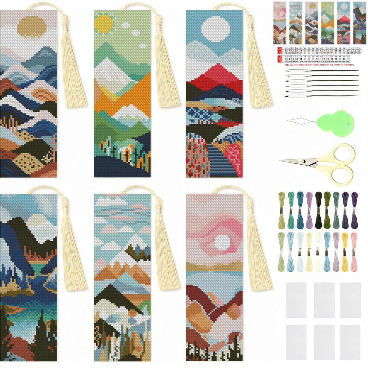 NEGEKFKX 6 Pcs Landscape Cross Stitch Bookmark Kit for Adult Beginners, Cross Stitch Kits 14 CT DIY Crossstitch Kits Adult Stamped Bookmark Embroidery Bookmarks Kit