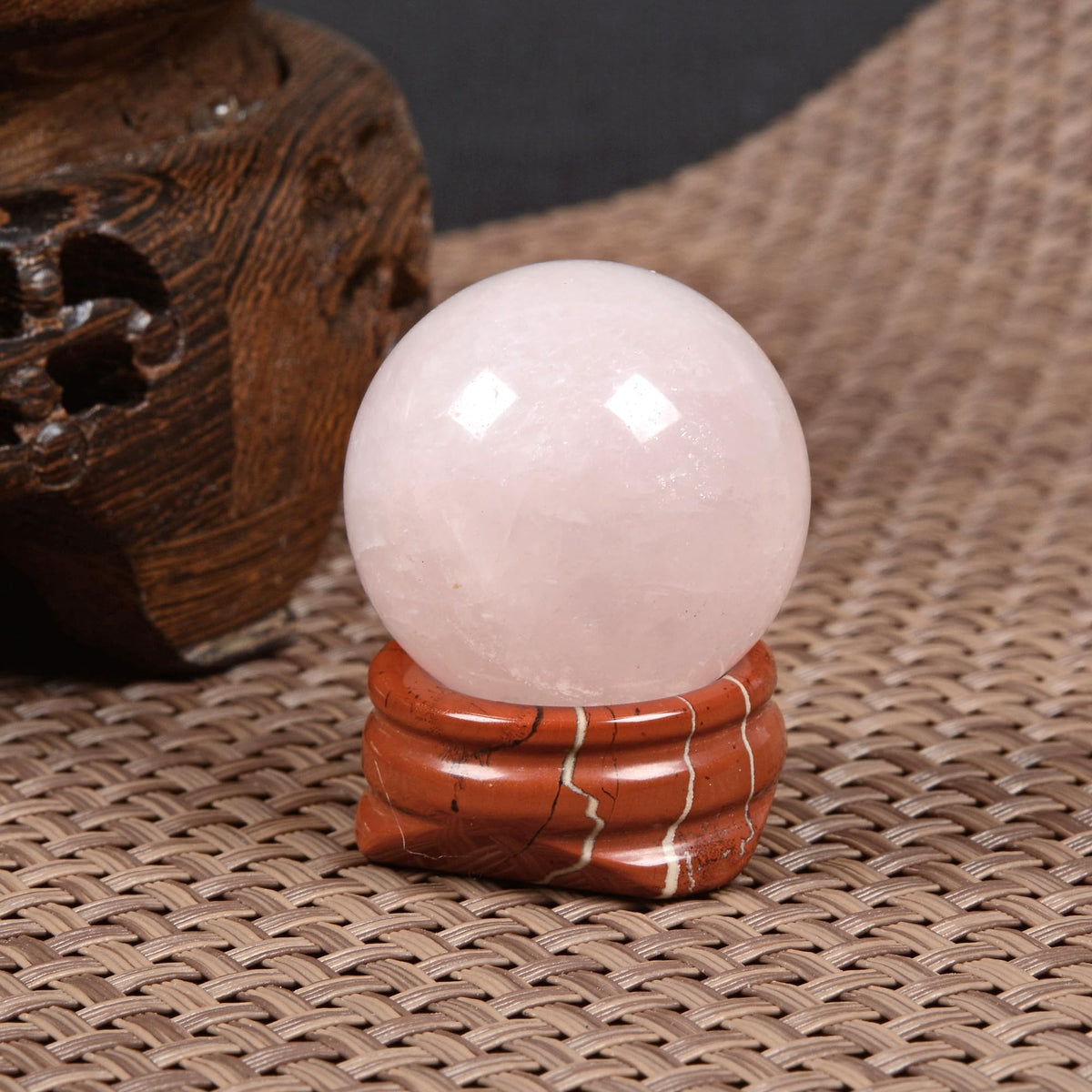 Justinstones Natural Polished Rose Quartz Sphere with Red Jasper Stand – Handcrafted Gemstone 30mm Ball for Energy Healing, Meditation, and Home Décor
