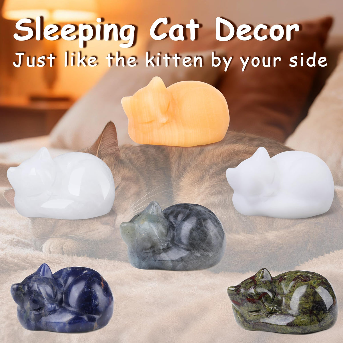YATOJUZI 2" Cat Decor Figurines White Jade Crystals Sleeping Cats Decor Hand Carved Cute Crystal Animal Statues Decors Room Home Office Desk Decorations Cat Gifts for Women
