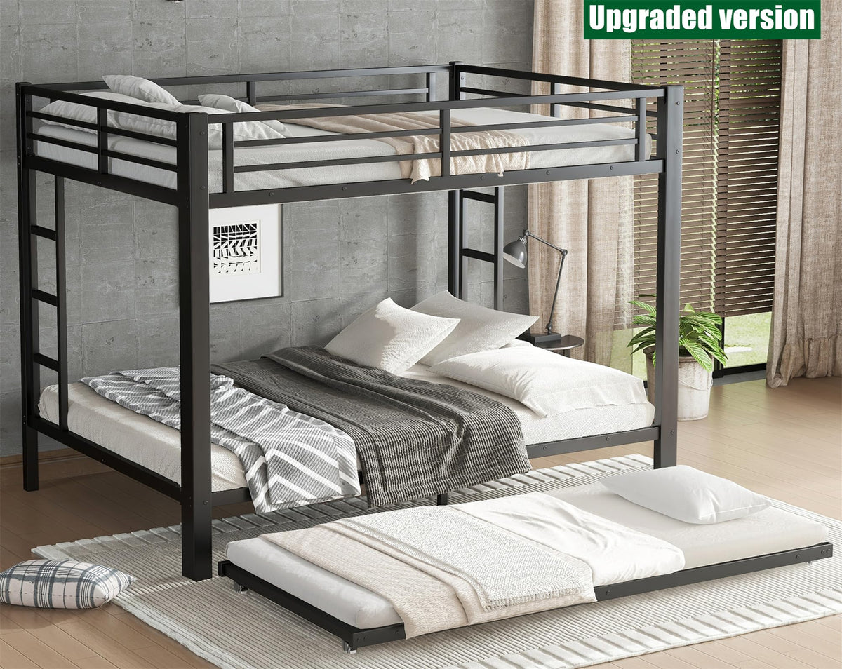 TIHWOALL Upgraded & Stronger Heavy Duty Metal Queen over Queen Bunk Bed with Twin Size Trundle, More Stable Safer Thickened Bunkbeds (Greater Weight Capacity) (Queen over Queen Bunk with Twin Trundle)