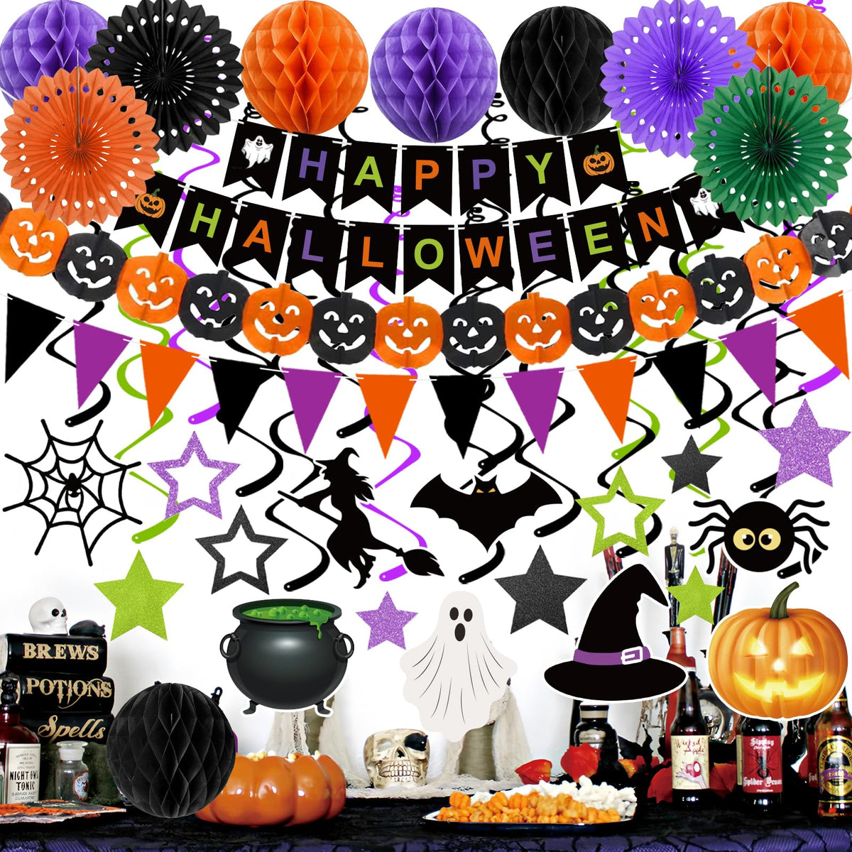 Halloween Party Decorations Happy Halloween Banner Honeycomb Balls Paper Fans Hanging Swirls Triangle Garland for Indoor Home Office Class School Party Supplies