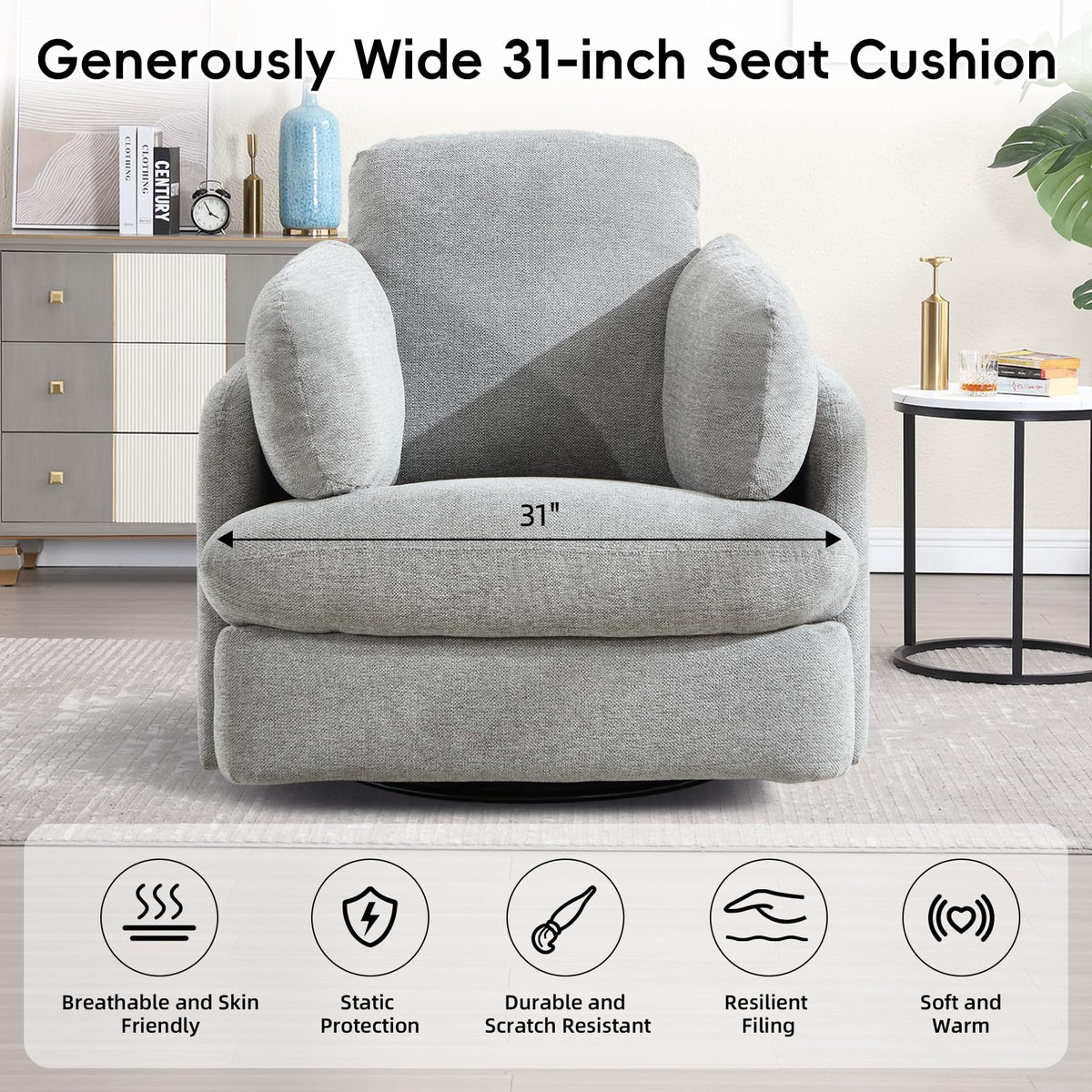 Bonzy Home Manual Recliner Chair, 360°Swivel Rocker Recliner Chair for Adults, Overstuffed Nursery Rocking Reclining Sofa with 2 Pillows and Hidden Storage, Light Grey