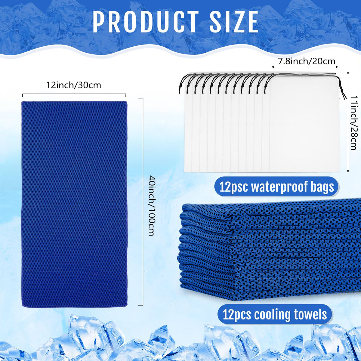 Hosuly 12 Pcs Cooling Towels for Face and Neck 12 x 40 Inch Workout Towels for Gym Fast Drying Hot Weather Sweat Rag Cold Cooling Cloth with 12 Bags Athletes Sport Yoga Golf(Dark Blue)