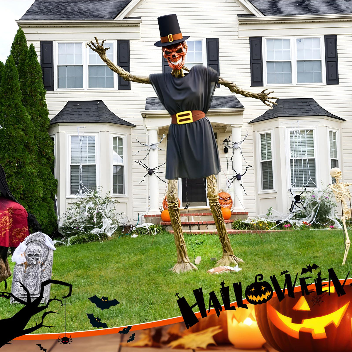 Tarpop 2Pcs Halloween 12 ft Skeleton Outfit Set Giant Skeleton Pilgrim Costume Includes Black Jazz Hat Pilgrim Jacket for Halloween Thanksgiving Outdoor Yard House Prop Decorations