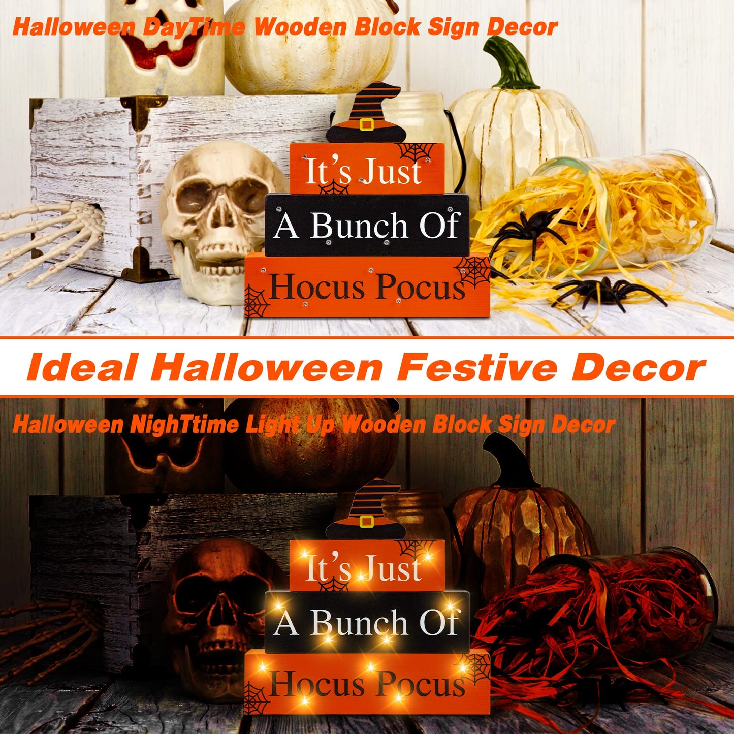 Halloween Wooden Block Sign with Led Lights- Halloween Indoor Decorations Witch Light up Wood Sign Decor for Table Mantle- Halloween Festive Haunted House Farmhouse Home Tabletop Tiered Tray Decor