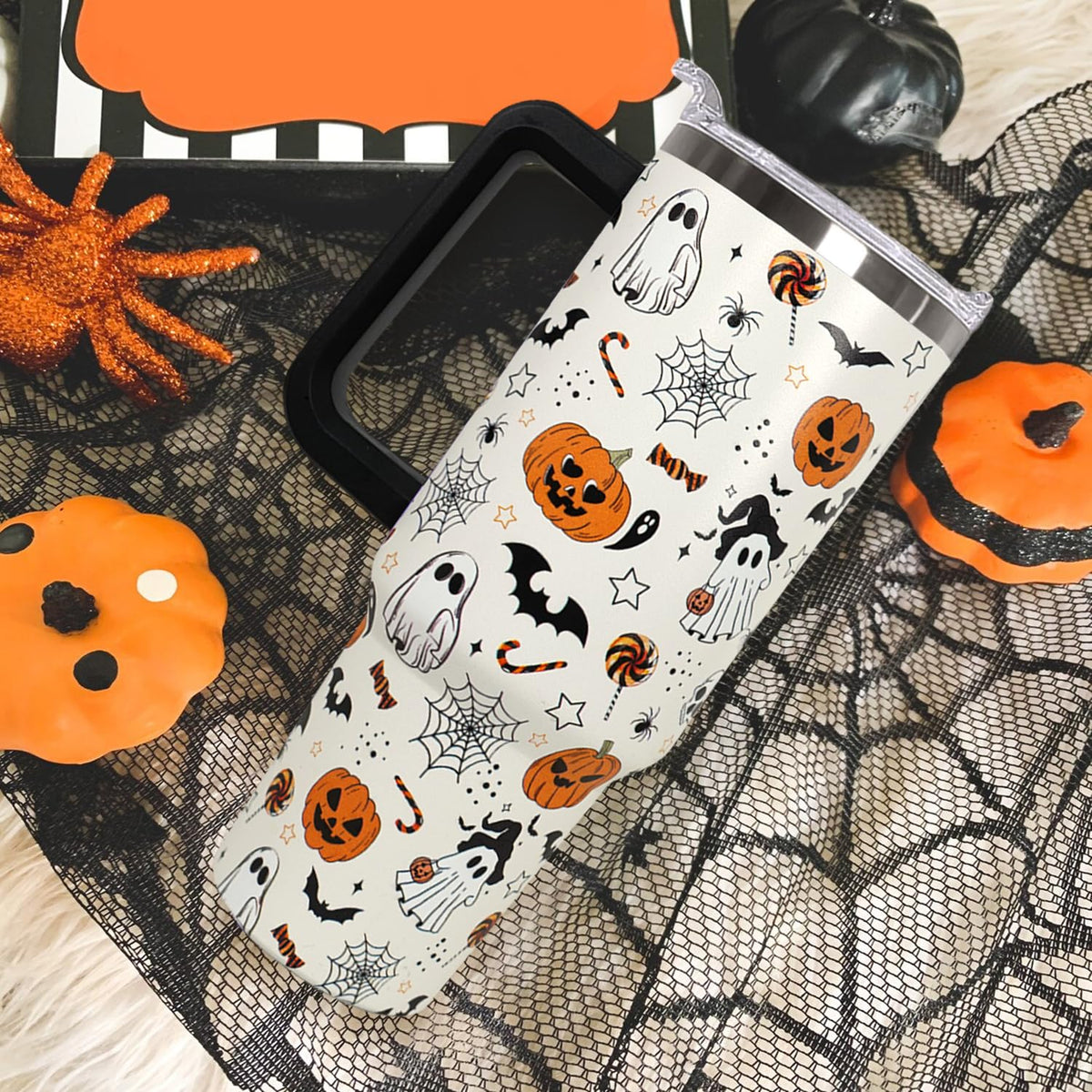 Ceovfoi 40 oz Halloween Pumpkin Tumbler Insulated Stainless Water Bottle Travel Coffee Cup, Water Bottle - Goth Ghost Witch Decor Gift for Women