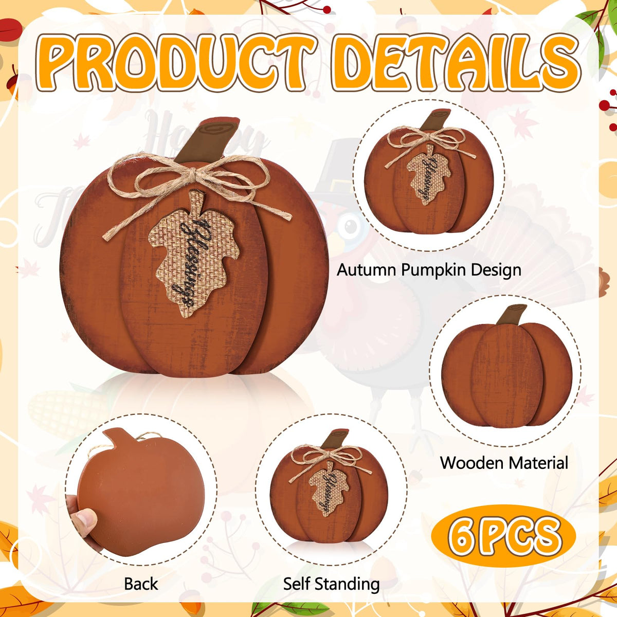 Wonderjune 6 Pcs Fall Decorations Modern Rustic Pumpkin Wooden Sign Autumn Farmhouse Pumpkin Block Table Centerpiece Grateful Blessing Tiered Tray Decor for Fall Thanksgiving Home Office Desk Decor