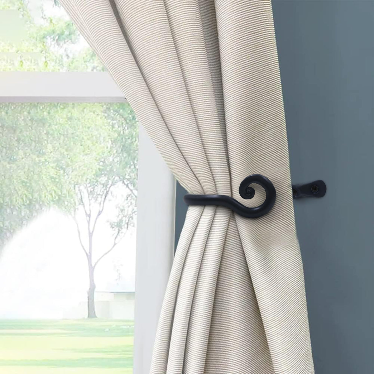 The Metal Magician Sturdy Wrought Iron Wall Mounted Curtain Holdbacks - Curtain Holders for Living Room, Bedroom, Kitchen, Office - (Curly - Black) - Pack of 2