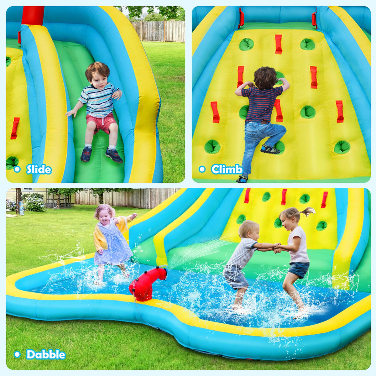 BOUNTECH Inflatable Water Slide Park, Double Slide Water Park Bounce House for Outdoor, Climbing Wall, Bouncy Castle with Blower, Blow up Water Slides Inflatables for Big Kids Backyard Party Gifts