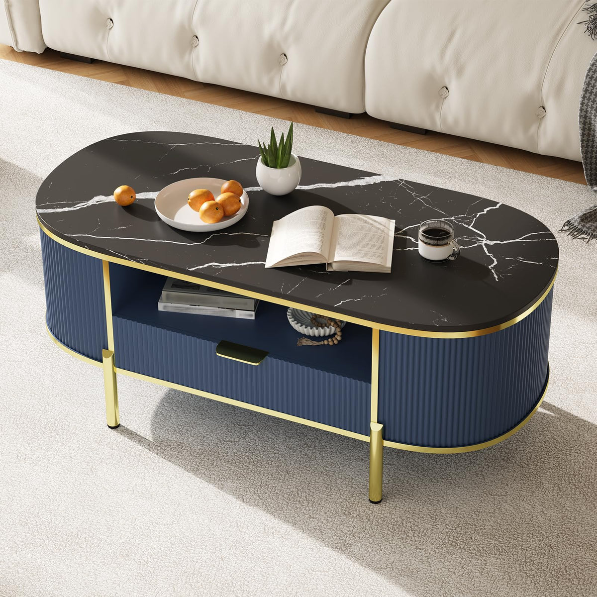 Takywep 48 inch Oval Coffee Table with Drawer, Fluted Modern Faux Marble Top Coffee Table for Living Room, Gold Metal Legs, Center Table for Lounge, Navy Blue