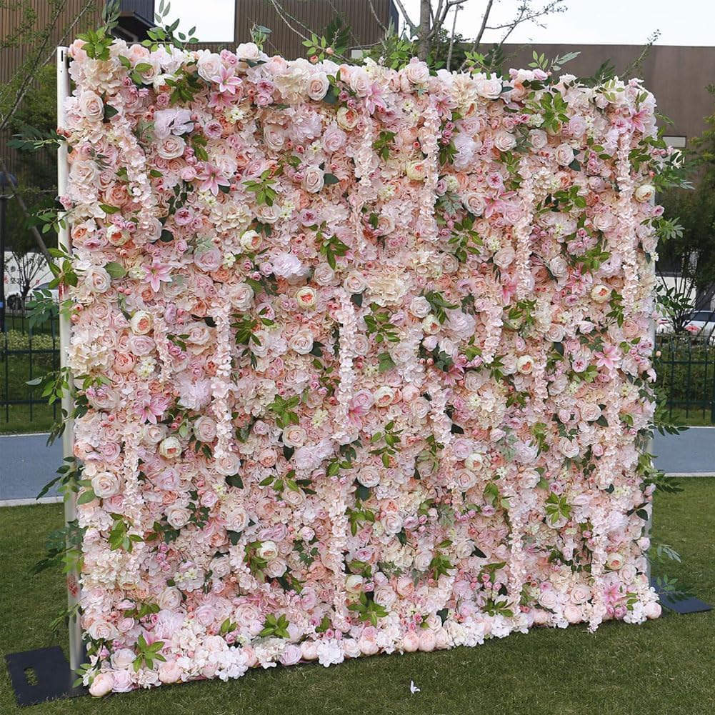 JIIPOREGJ Flower Wall Panel White & Roses Artificial Flower Backdrop for Wedding Party Flower Birthday Decorations,Hanging Artificial Flowers Wall Romantic Silk Ro