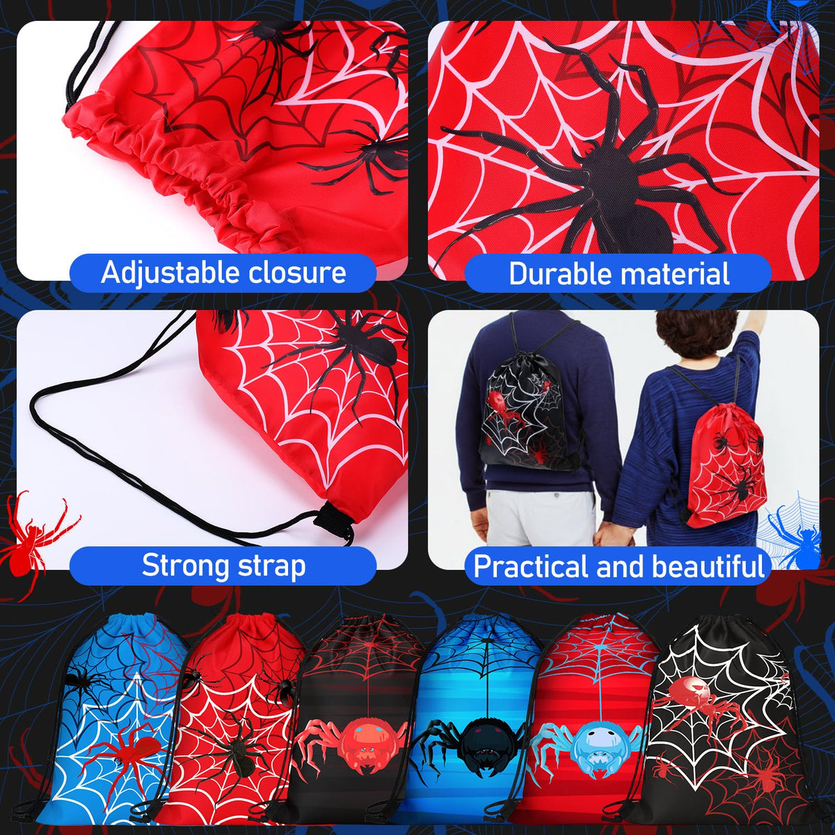 Potchen 48 Pcs Spider Party Favors Birthday Party Supplies Includes Drawstring Bag Backpack Plastic Goodie Cups with Lids Bracelets for Summer Fillers Stuffers Birthday Favors Rewards Gifts