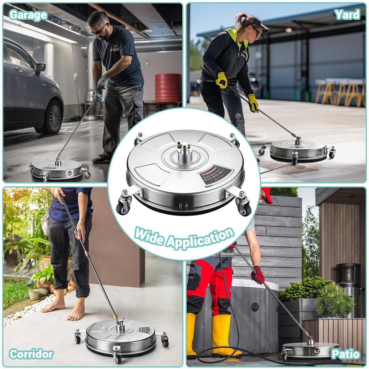 TRELVEX Pressure Washer Surface Cleaner with 4 Wheels 4000 PSI Stainless Steel Housing 1.8 to 3.7 GPM Water Flow Pressure Washer Attachment 1/4" Quick Connector for Patios, Driveways (18")