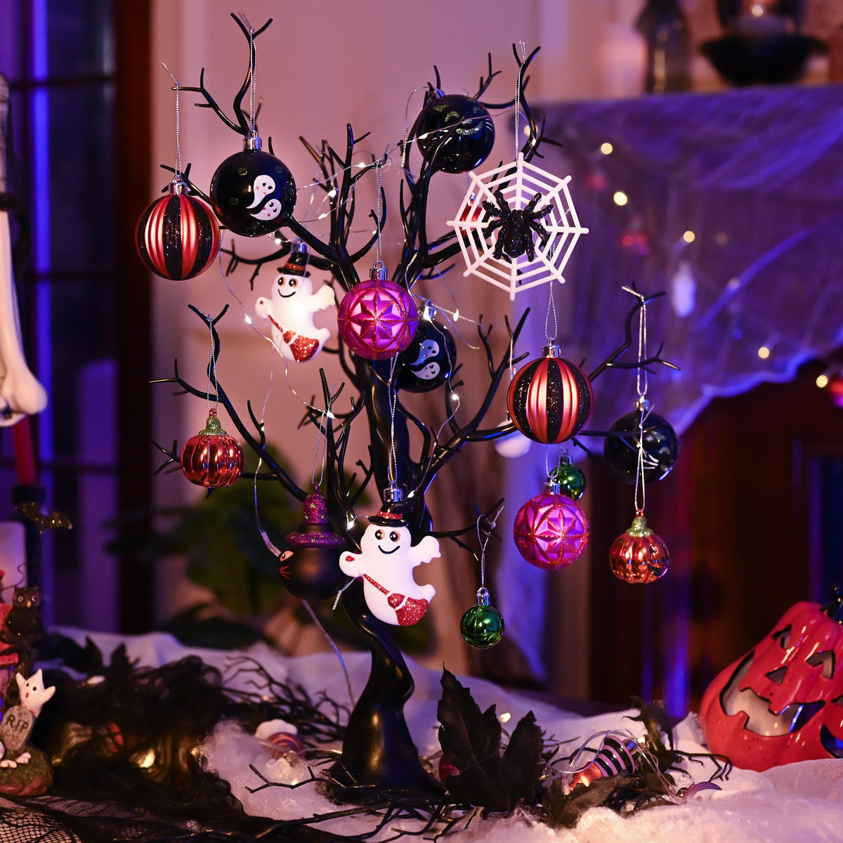 Valery Madelyn Halloween Ornaments Tree Decorations, 40ct Medium Shatterproof Ghost Cat Jack-o'-Lantern Pumpkin Hanging Ball Ornaments Set for Small Tree, Cute Holiday Party Indoor Home Decor