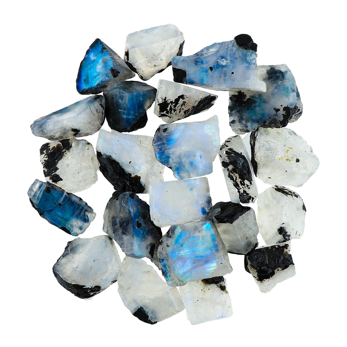 Gemkora 250 ct. Natural Blue Flash Raw Tourmilated Moonstone Crystal Rough Gemstone, Rock, Jewelry Making Supplies, Chakra Healing, Art-DIY Stone, (25 to 30pcs) (10-15mm)