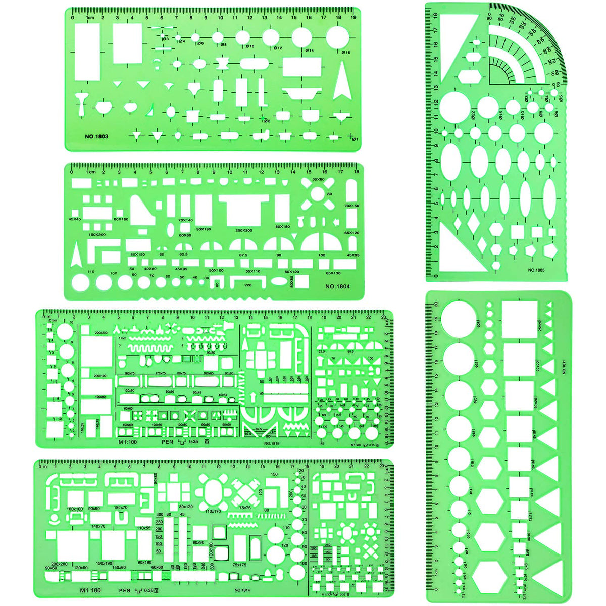 6 Pieces Plastic Measuring Templates Building Formwork Stencils Geometric Drawing Rulers for Office and School, Clear Green