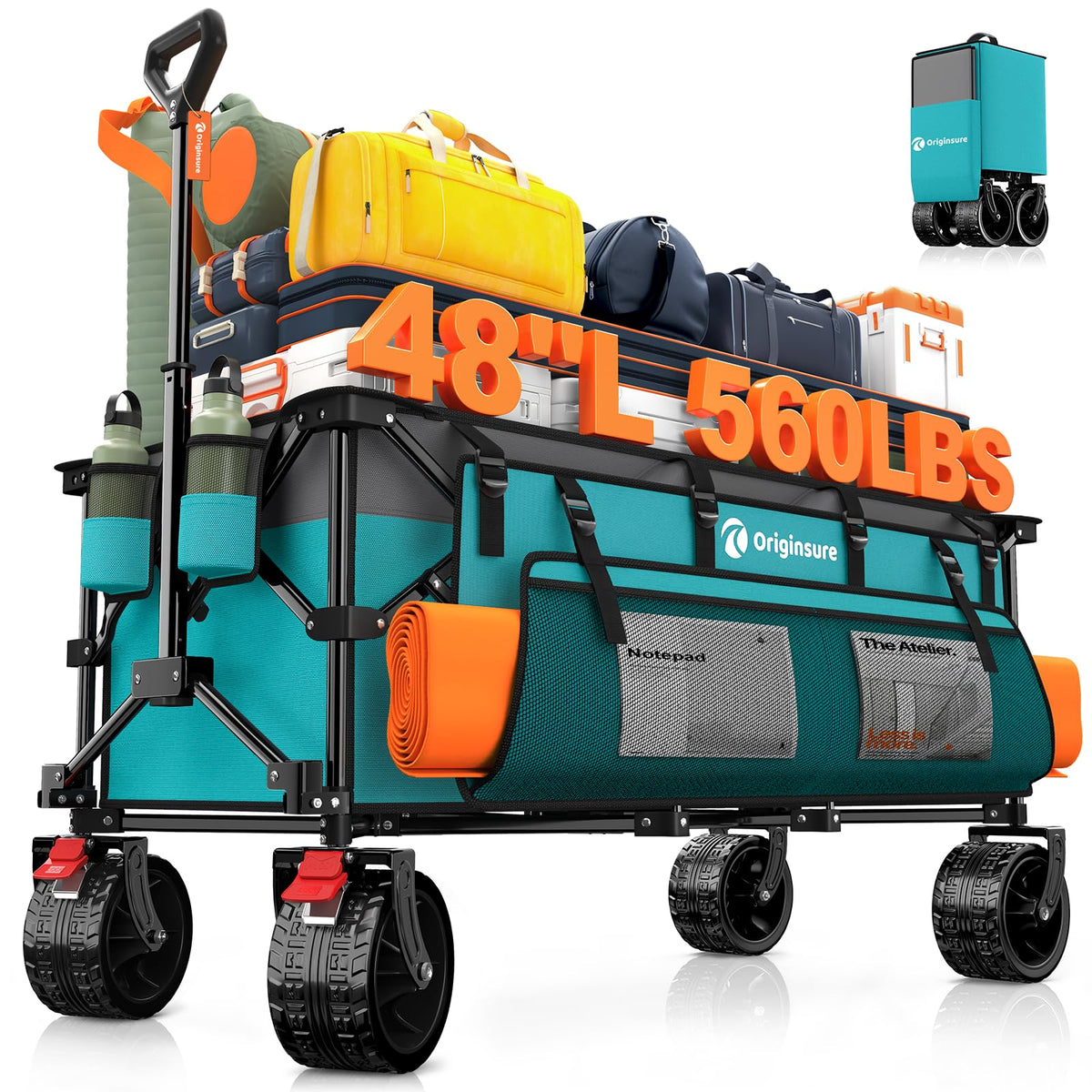 Originsure 48" L Collapsible Beach Wagon Cart Foldable, 560LB Weight Capacity 300L Heavy Duty Folding Wagons with Big All-Terrain Wheels, Utility Carts for Groceries, Camping, Sports - Grey&Turquoise