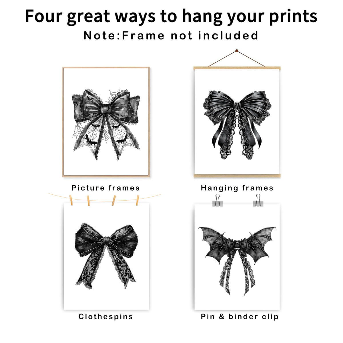 JWVK Coquette Halloween Black Lace Bow Bats Wall Art Prints Set of 4, Gothic Halloween Decor, Halloween Wall Decorations, Dark Academia Halloween Posters Wall Decor for Home Office, 8x10 Unframed