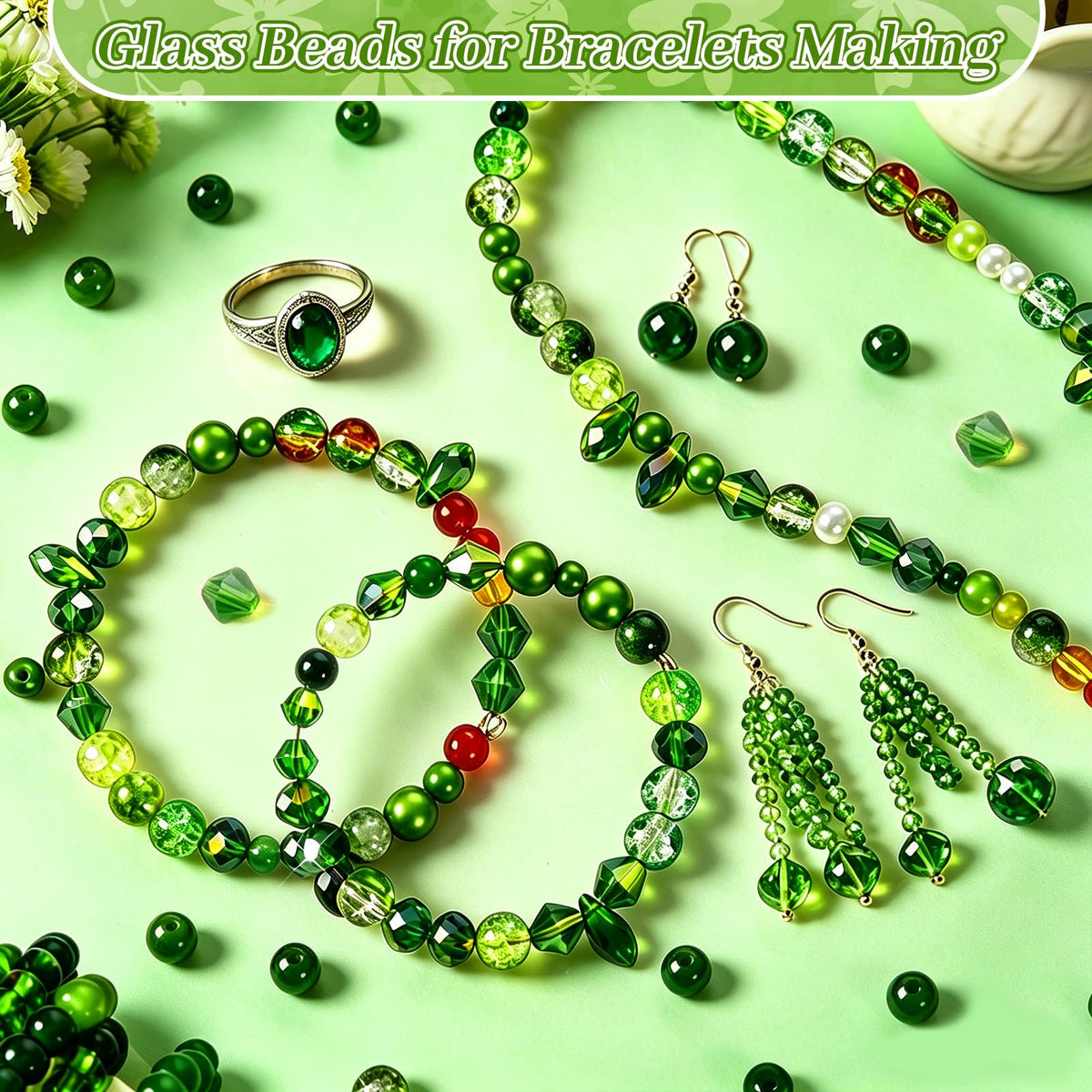 2102 Pcs Green Glass Beads for Bracelets with Elastic String,Green Beads for Beaded Plants,6mm Glass Beads for Jewelry Making Crystal Round Beads for Bracelet Necklace Beaded Plant DIY Crafts