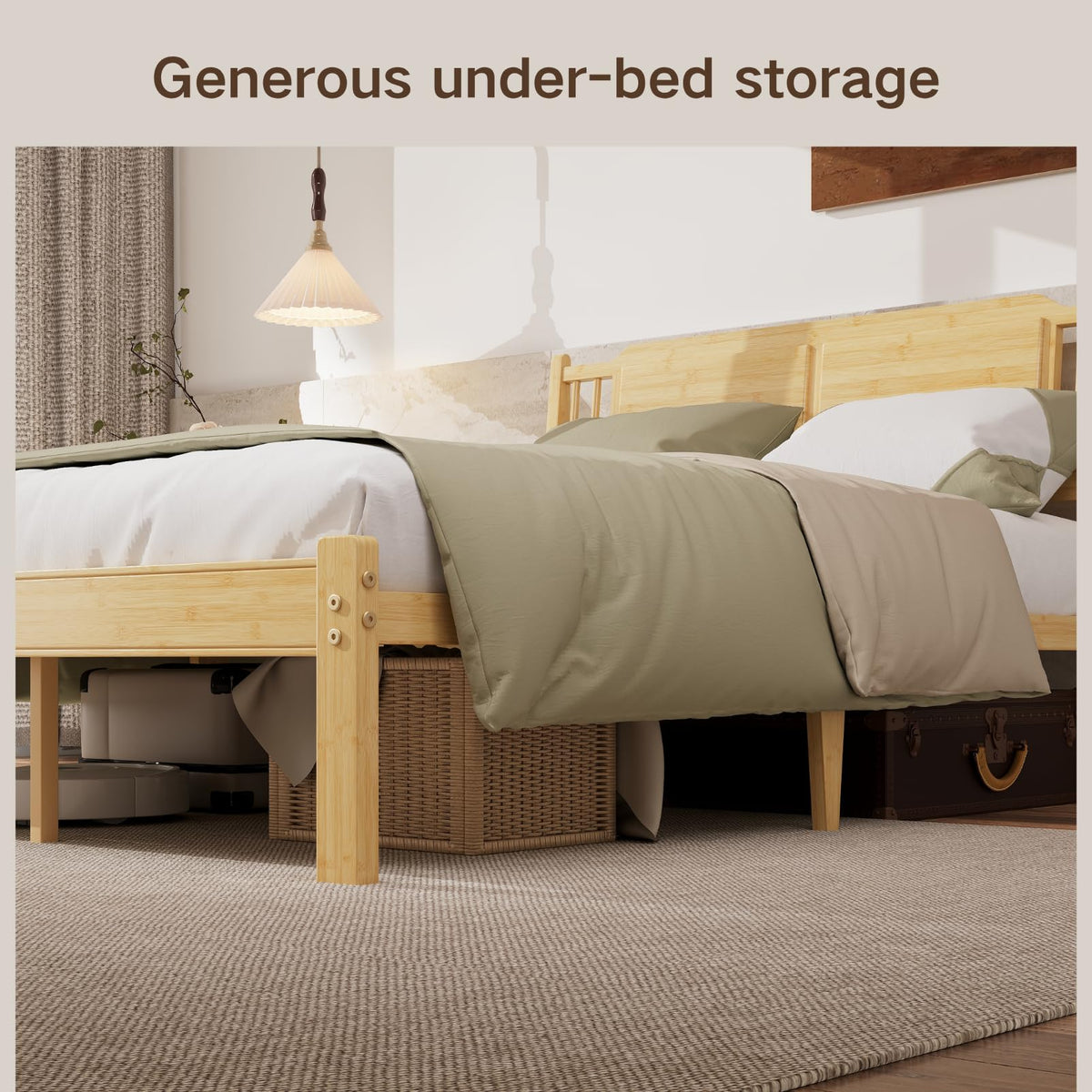 COMASACH Full Size Bed Frame with Headboard, 14 Inch Full Bamboo Wood Platform Bed, Heavy Duty Metal Slat Support, No Box Spring Needed, Easy Assembly