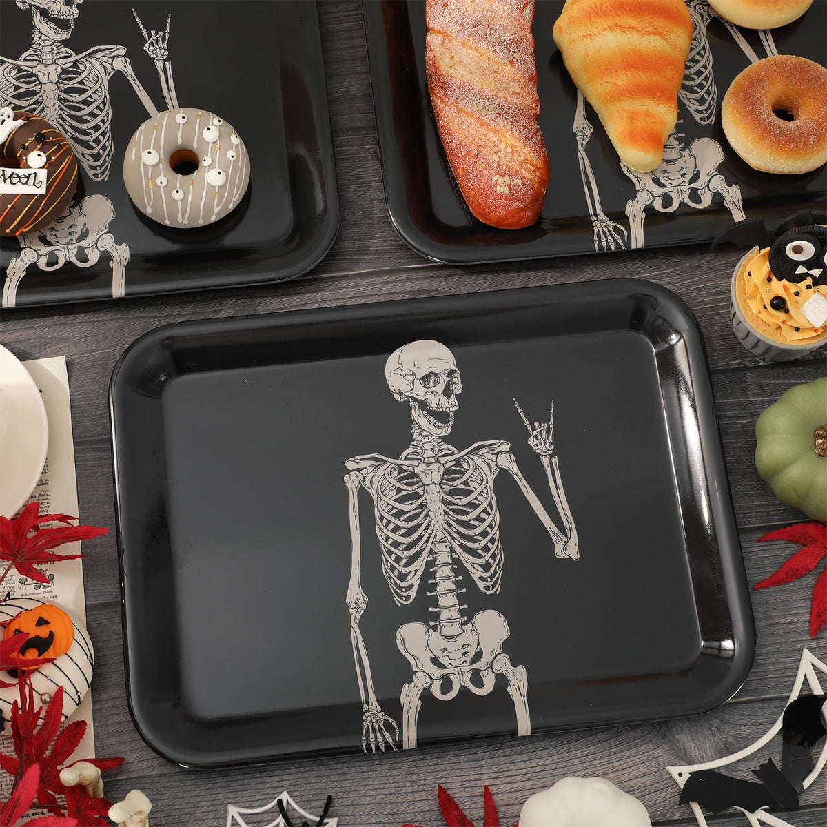 Whaline 3Pcs Halloween Serving Trays Black Skeleton Plastic Platter Serving Dishes Reusable Trays for Party Sharing Snack Fruit Dessert Supplies, 10 x 13 Inch