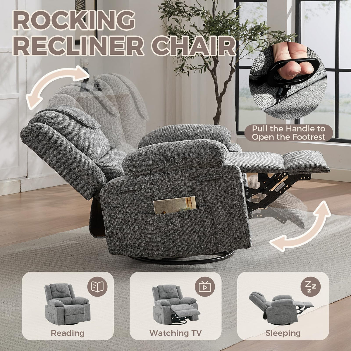 Adults Oversized Rocking Nursery Glider Recliner Chair,360° Swivel Rock Recliner Chairs Single Sofa with Vibration Massage and Heating for Living Room/Bedroom,Grey