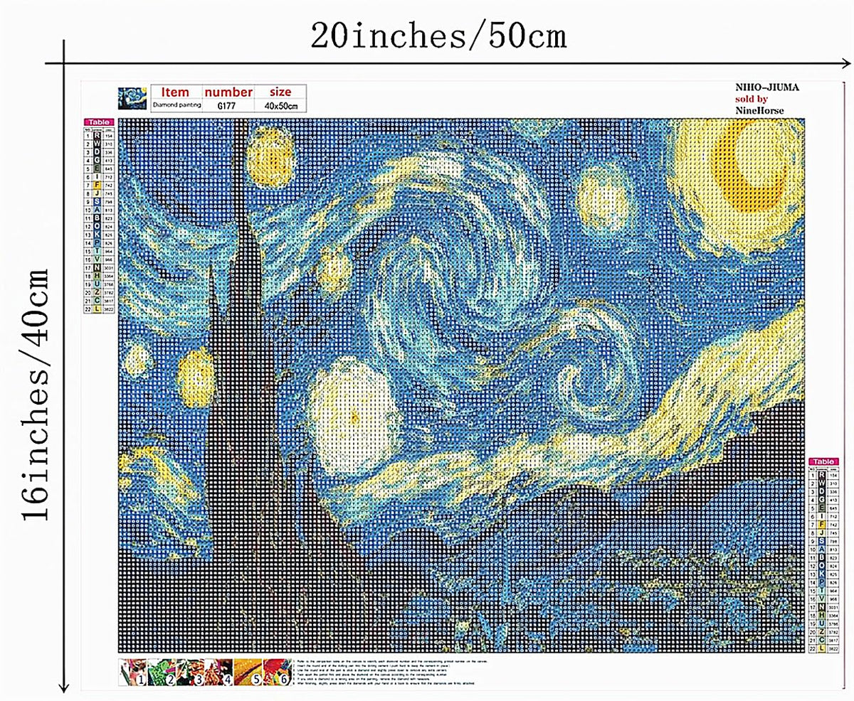 NIHO-JIUMA Van Gogh Starry Night 5D Diamond Painting Kits, DIY Full Drill Diamond Art Gift for Adults & Teens, Home Wall Decoration (40 X 50 cm / 16 X 20 inches)