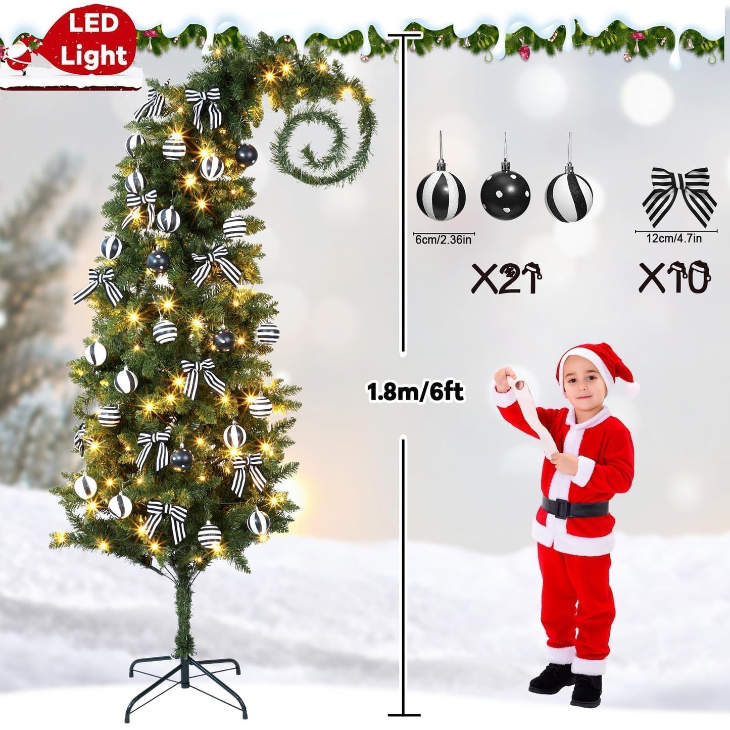 32Pcs 6 FT Christmas Tree with Light and Nightmare Ornament Ball Before Bendable Whimsical Christmas Tree with Black White Bow Ball 8 Modes String Light Crooked Bent Top for Home Decor (Green)
