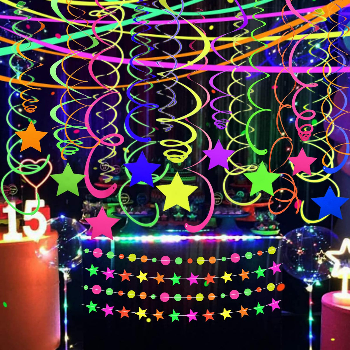56 Pieces UV Hanging Swirls Decorations Paper Neon Streamer for Ceiling Star Neon Garlands Black Light Neon Decorations for Dark Glow Party Supplies and Decorations Birthday Neon Party Favors