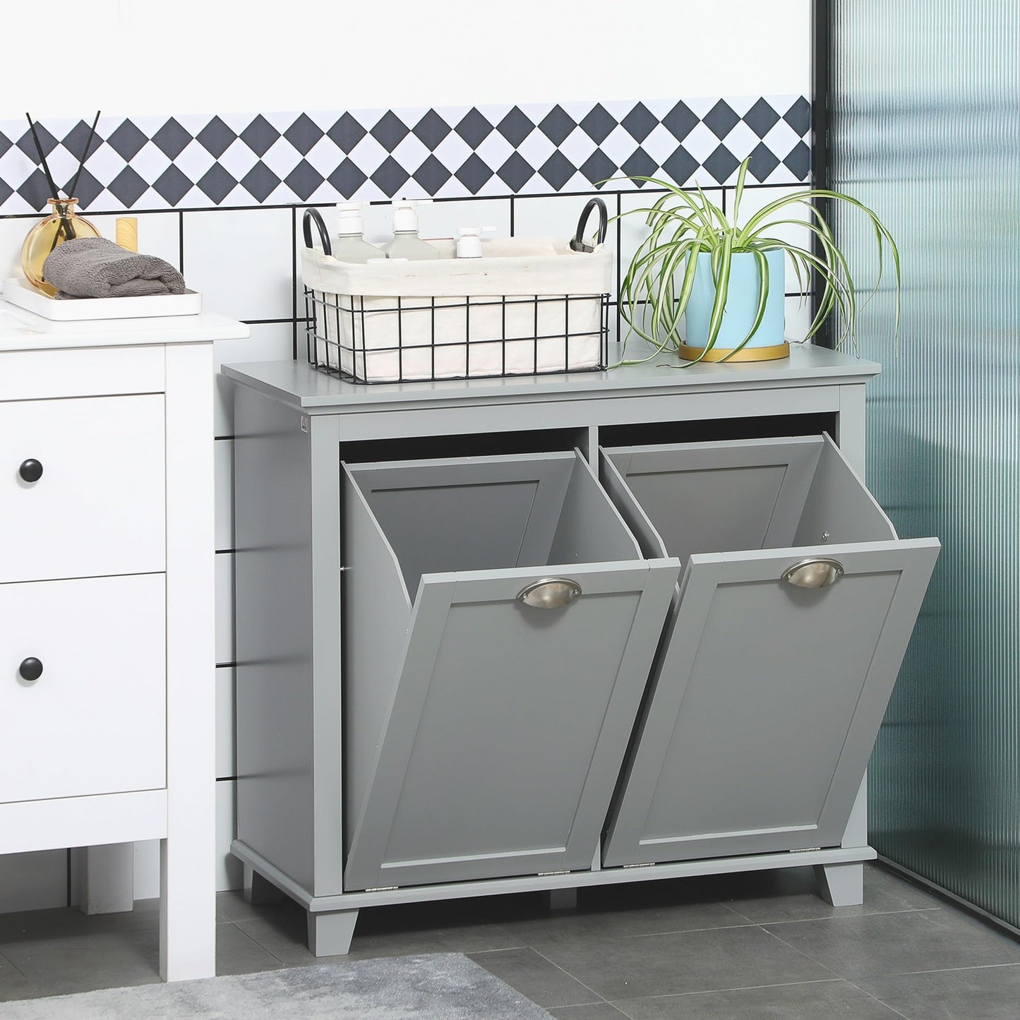 Modern Tilt-Out Laundry Sorter Cabinet, Bathroom Storage Organizer with Two-Compartment Tilt-Out Hamper,for The Kitchen
