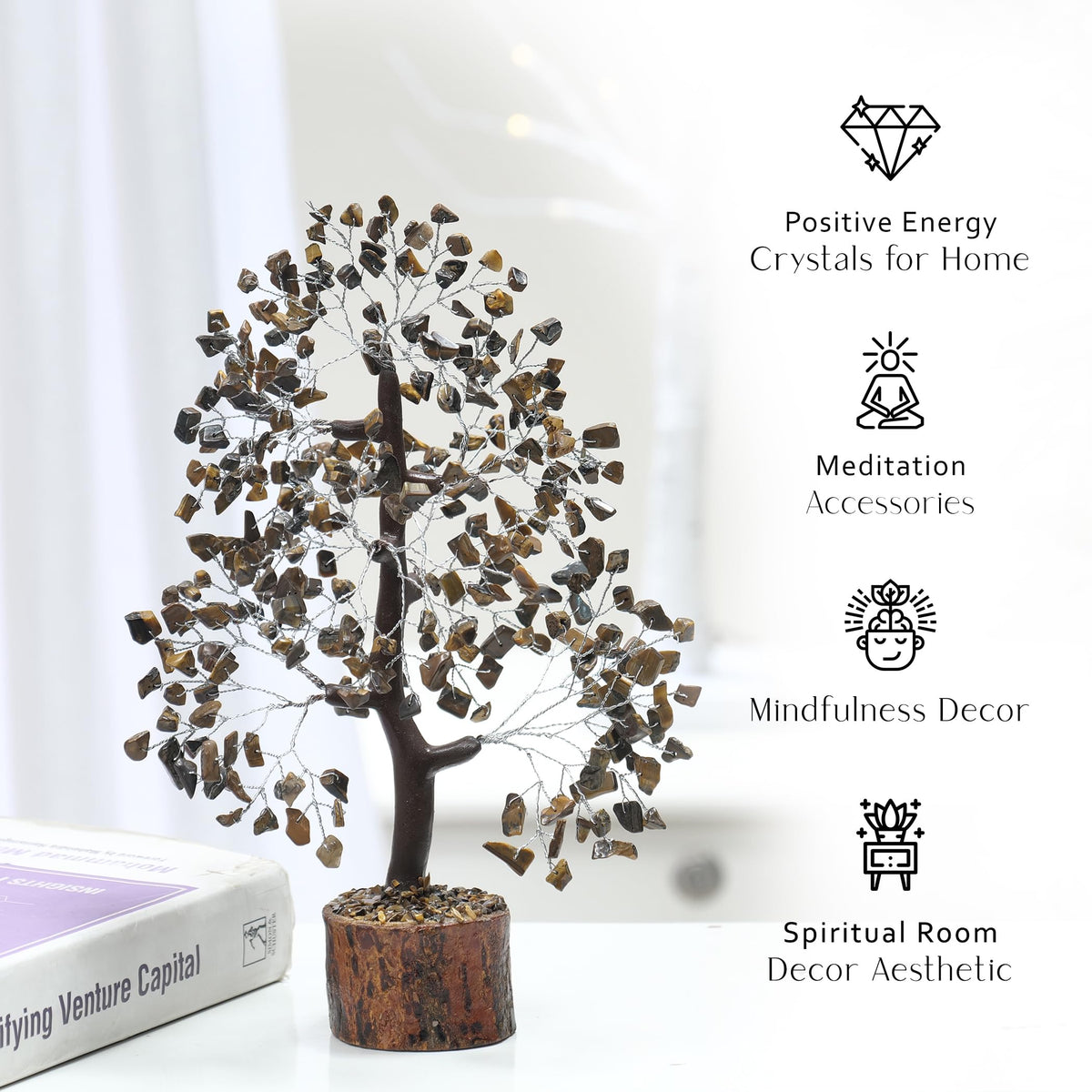 PYOR Tigers Eye, Healing Crystal Tree, Office Decor for Women, Gem Tree, Tiger Eye Stone, Good Luck Gifts, Money Crystal Stone, Positive Energy Decor, Gemstone Bonsai