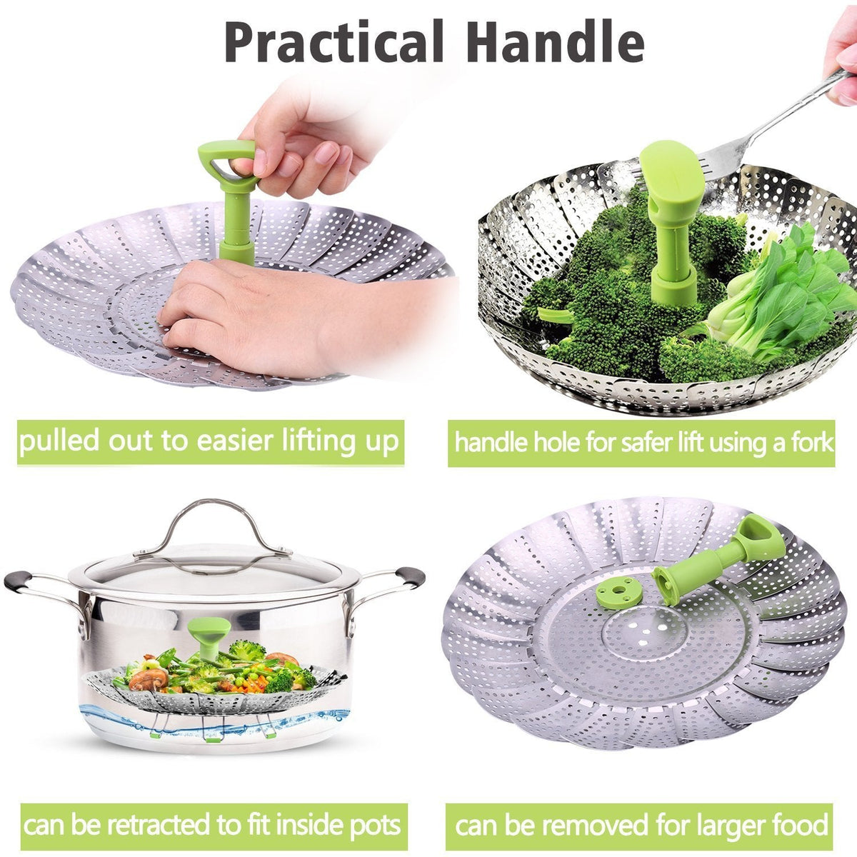 Consevisen Vegetable Steamer Basket for Cooking Food, Stainless Steel Veggie Steam Basket for Pot, Folding Expandable Steaming Insert with Extendable Handle Fits Various Size Pot, 5.1" to 9"