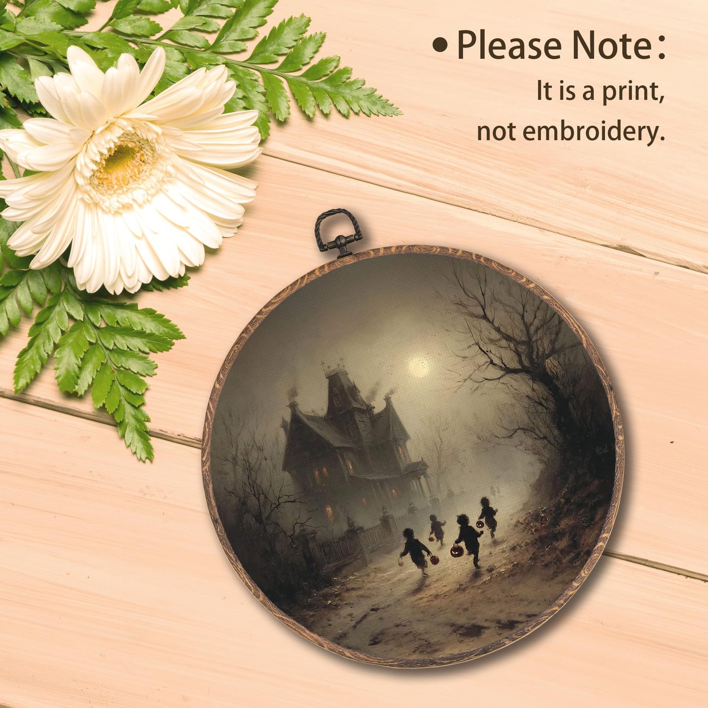 Tzhim Gothic Halloween Canvas Wall Art, Spooky Children with Pumpkin Lanterns Round Wall Art Decor, Dark Academia Autumn Aesthetic Framed Hanging Decor for Home Bedroom Living Room, 10x10in