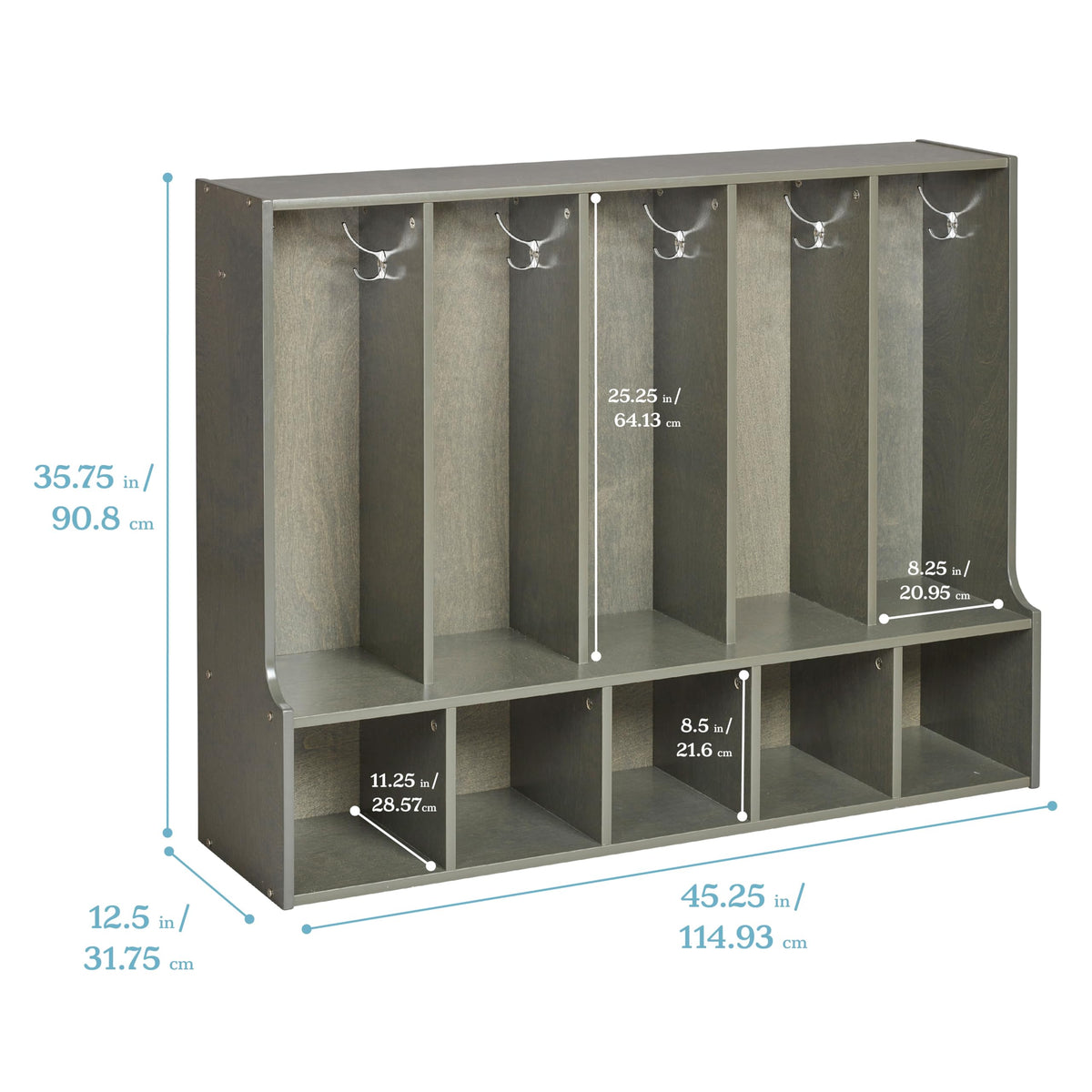 ECR4Kids Streamline 5-Section Coat Locker with Bench and Scoop Front Storage Bins, Toddler Size, Grey Wash, Classroom Furniture, Blue
