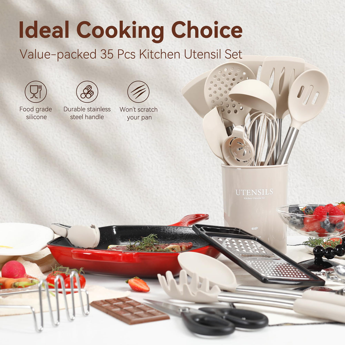 Silicone Cooking Utensils Set, NCUE 35 Pcs Kitchen Utensils Set with Holder, with Stainless Steel Handle Spatula Set, Spoons, Pasta Server, Cheese Grater, Masher, Scissors, Dishwasher Safe (Khaki)