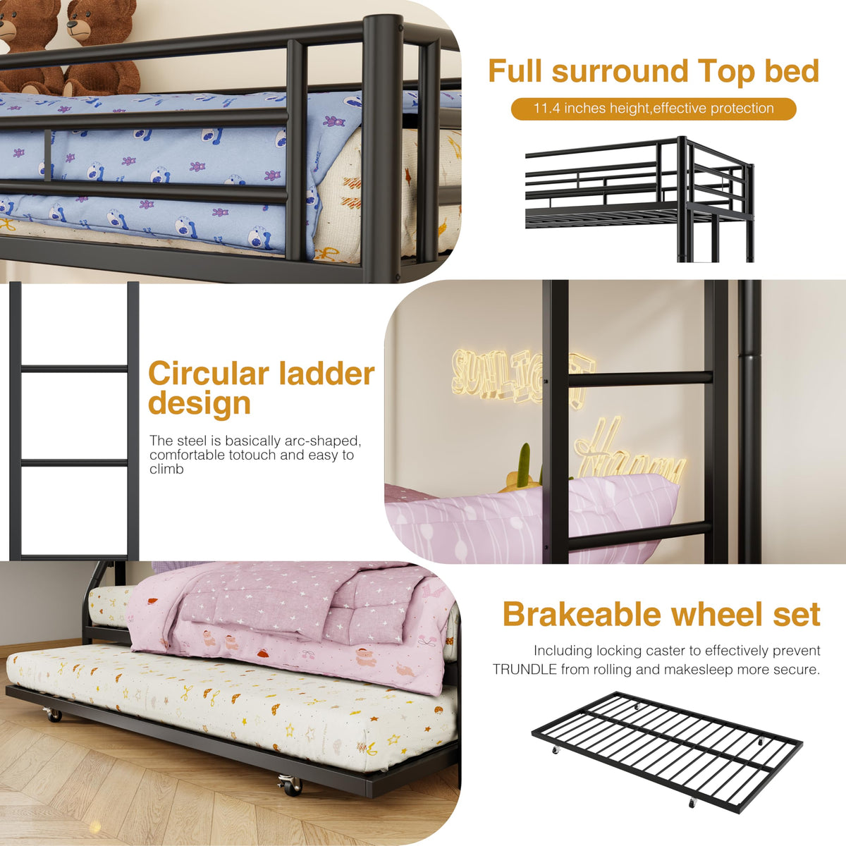 Nuturelly Metal Bunk Bed Twin Over Full with Trundle, Heavy Duty Steel Frame Bunk Bed Frame with Safety Guardrails & Ladder, Space Saving 3 Beds for Kids, Teens, Dorm, Black