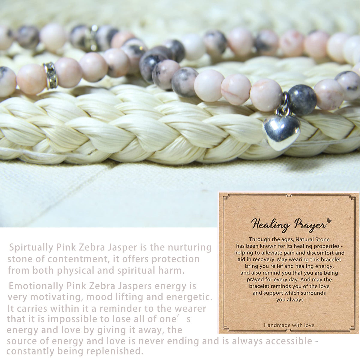 GDLKPYHS Healing Bracelets for Women - Pink Zebra Jasper Bracelet - Healing Prayers Crystal Bracelet, 8mm Natural Stone Stress Relief Yoga Beads Get Well Soon Gifts
