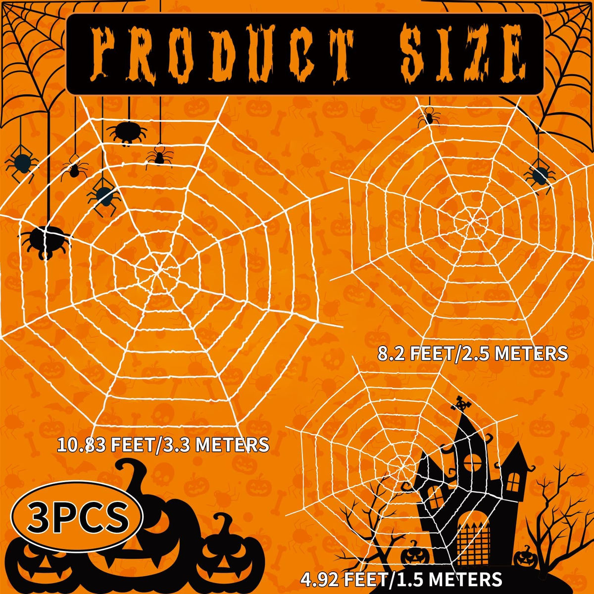 1.5M 2.5M 3.3M Spider Web 3 Pieces Large Halloween White Spider Web Decoration Scary Realistic Spider Web Rope Props with Elastic Rope for Halloween Yard Room Wall Window Door Haunted House Decoration