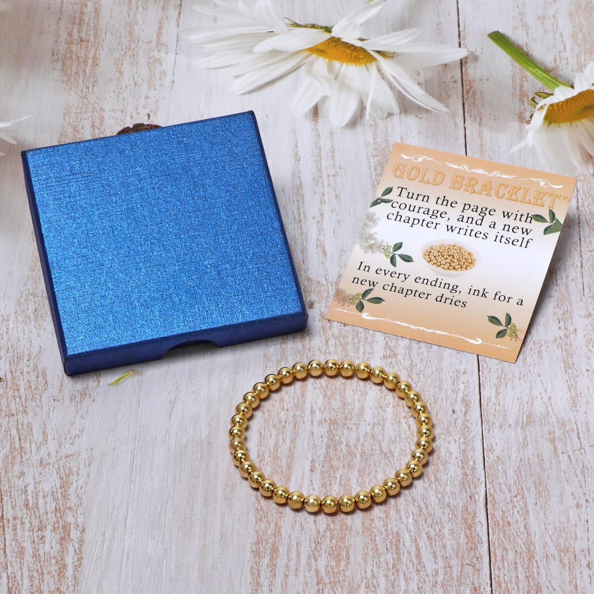 QOGIR 14K Gold Plated Beads Gemstone Stretch Elastic Dainty Handmade Beaded Bracelets for Women Gifts 6mm