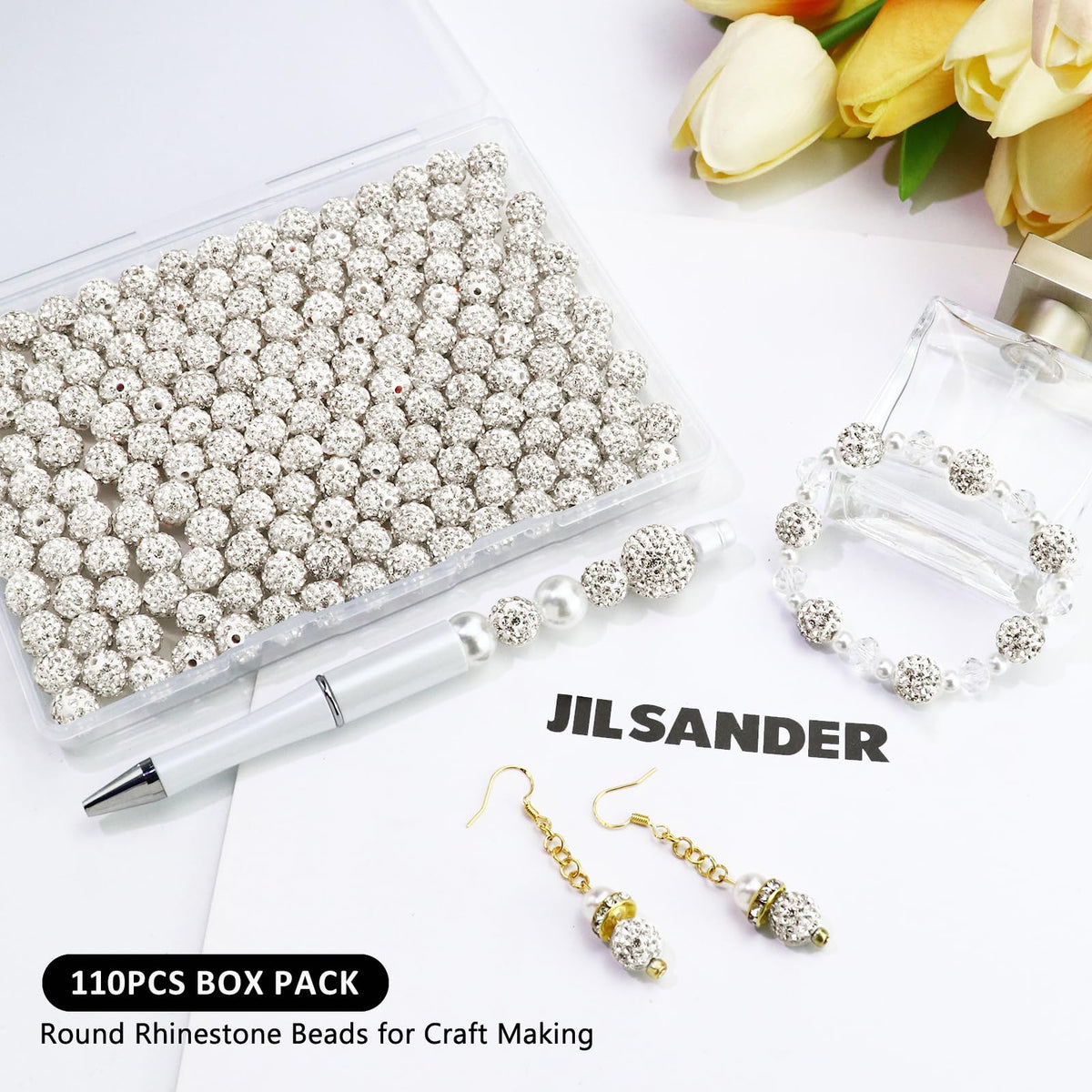 Dowarm 110PCS 10MM White Rhinestone Beads for Jewelry Making, Round Polymer Clay Crystal Beads for Crafts Bracelet Necklace Beaded Pen, Shamballa Pave Disco Ball Diamond Bead